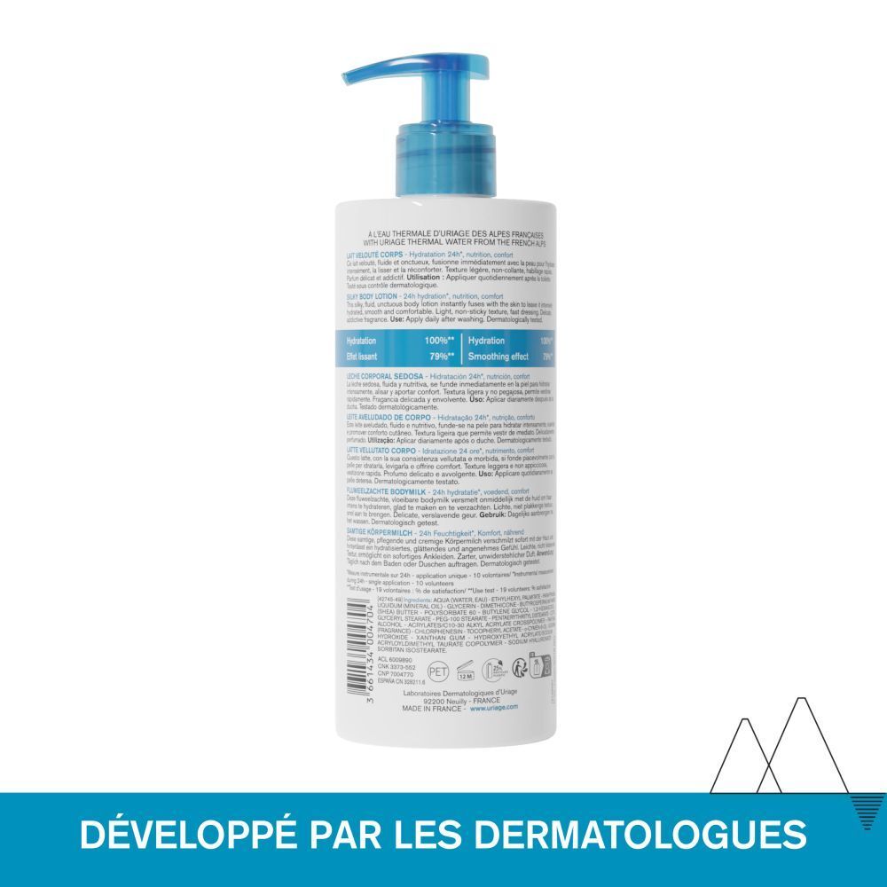 Dos du flacon. Texte: Lait velouté corps, Hydratation 24H, Peaux sèches, sensibles.