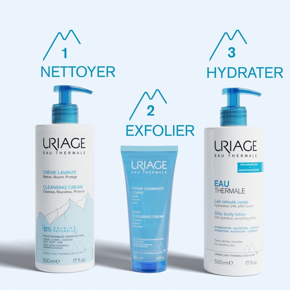 Trois produits: Crème lavante, Crème gommant, Lait velouté corps. Flacons bleus et blancs.