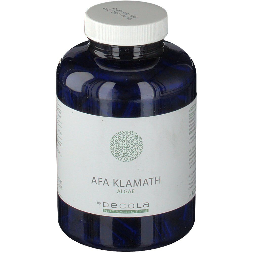 Flacon bleu avec bouchon blanc et étiquette. Inscription: AFA Klamath Algae, by Decola.