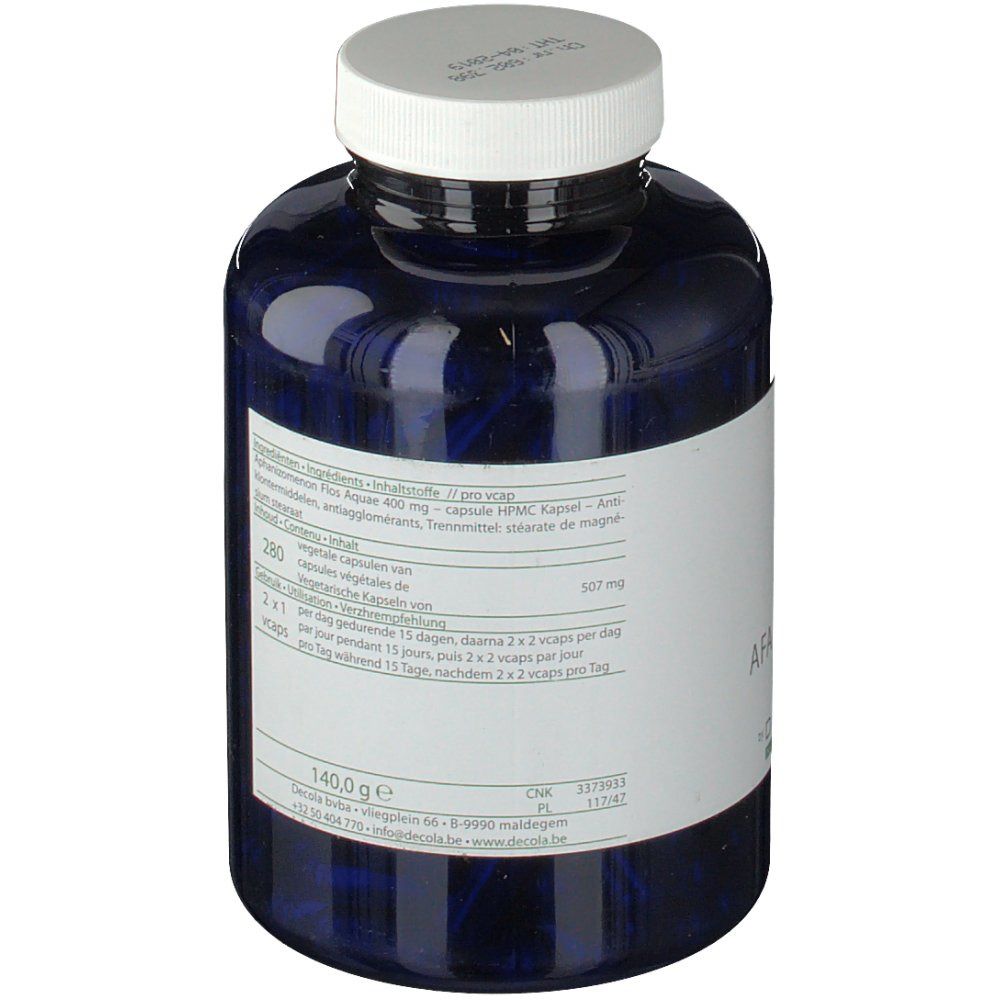 Flacon bleu avec bouchon blanc. Étiquette avec ingrédients et instructions de dosage.
