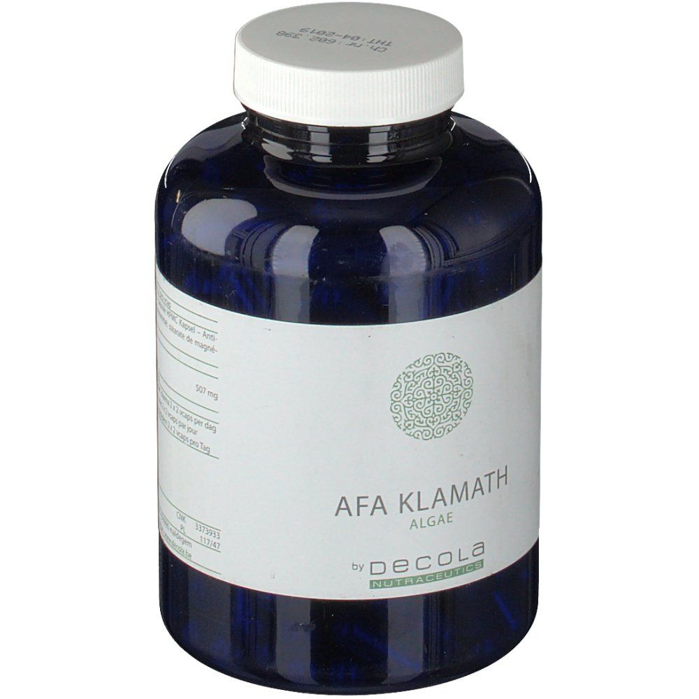 Flacon bleu avec bouchon blanc. Étiquette avec nom du produit: AFA Klamath Algae, by Decola.