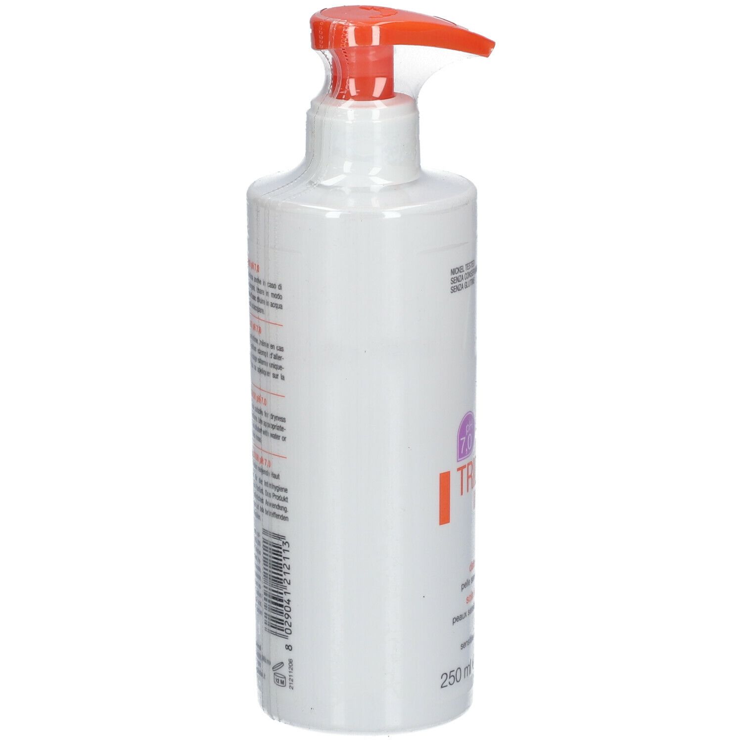 Weiße Flasche mit orangefarbenem Pumpkopf. Rückseite mit Text in verschiedenen Sprachen. Barcode unten.