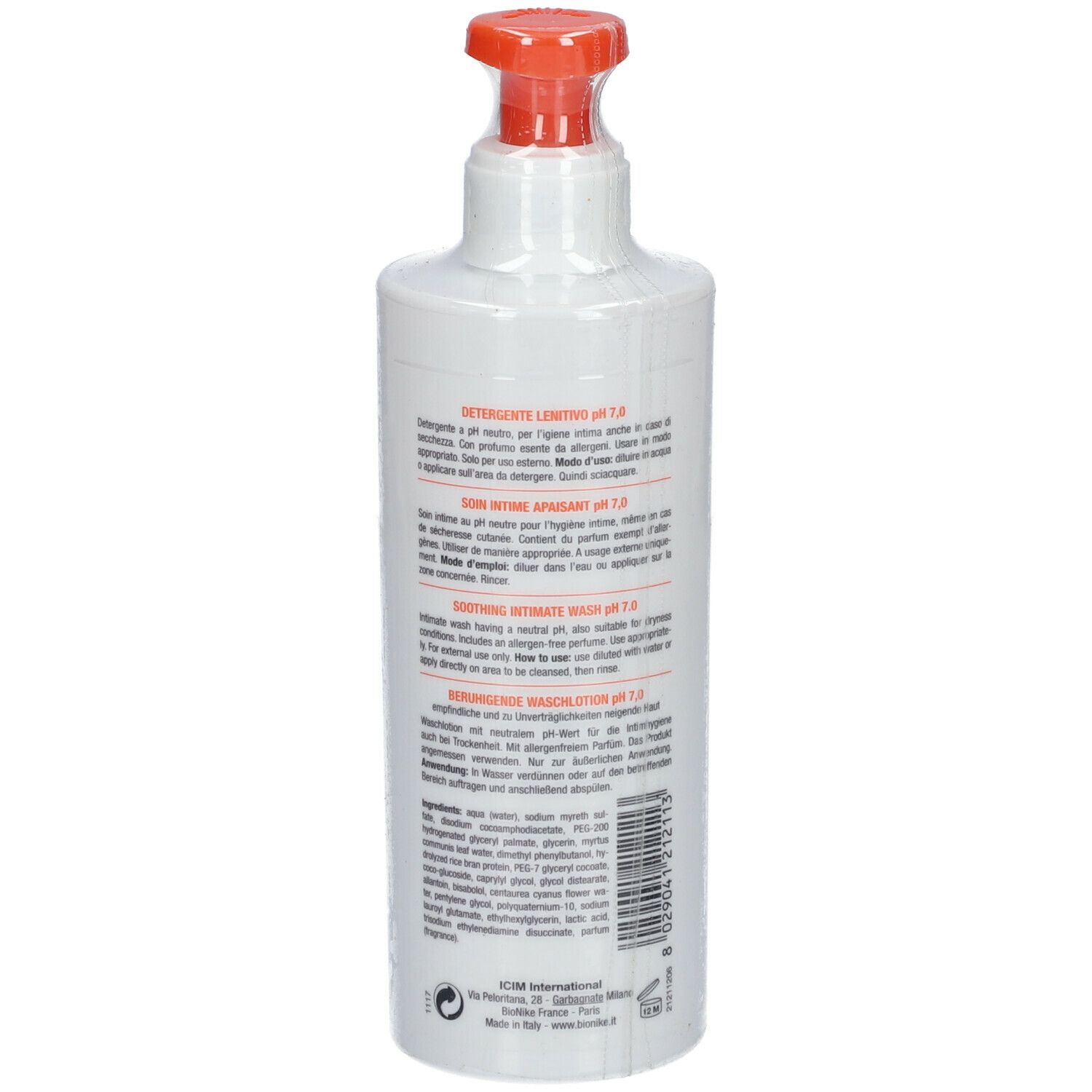 Weiße Flasche mit orangefarbenem Pumpkopf. Rückseite mit Text in verschiedenen Sprachen, darunter Deutsch.