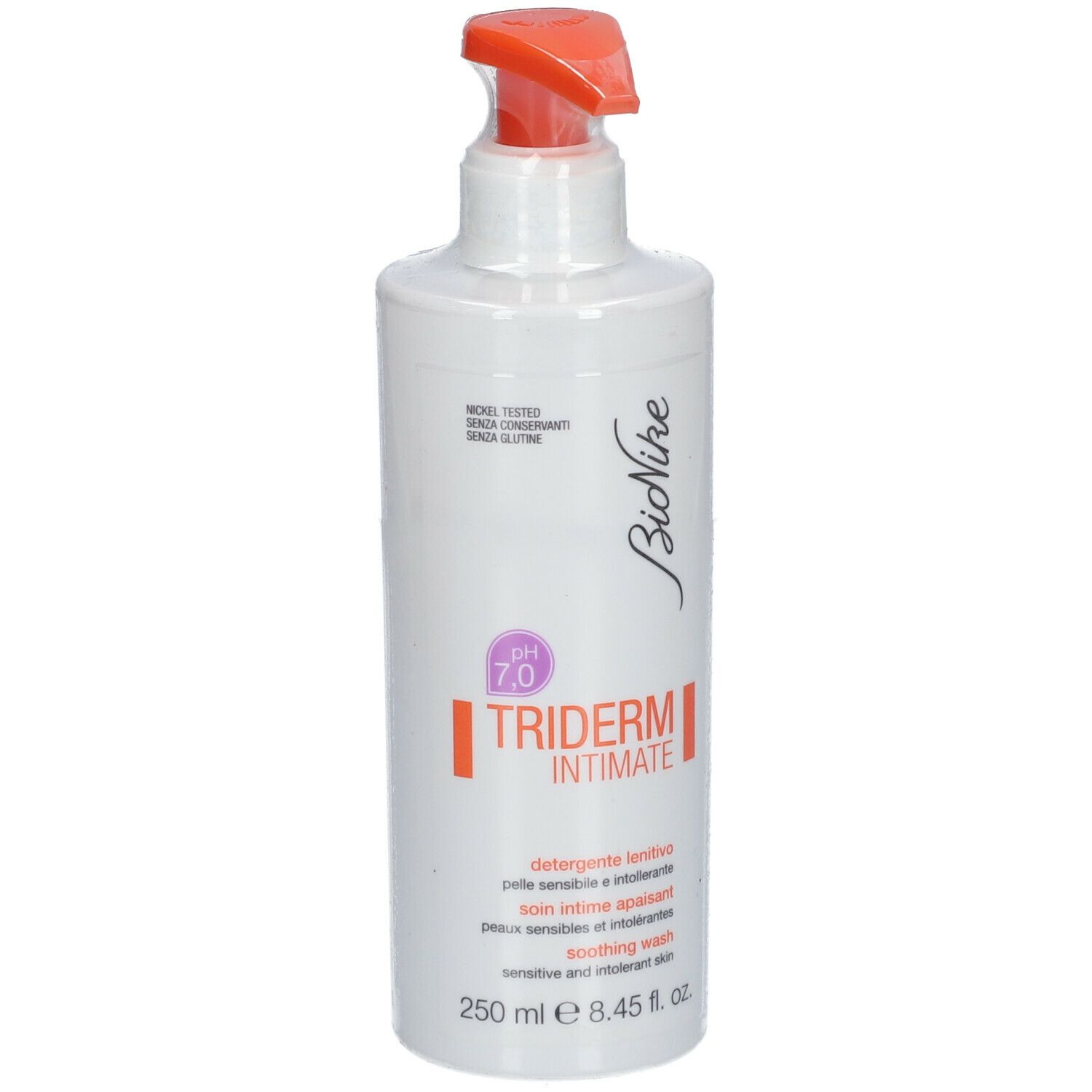 Weiße Flasche mit orangefarbenem Pumpkopf. Aufschrift: TRIDERM INTIMATE pH 7.0, Bionike. Text in Italienisch, Französisch und Englisch.