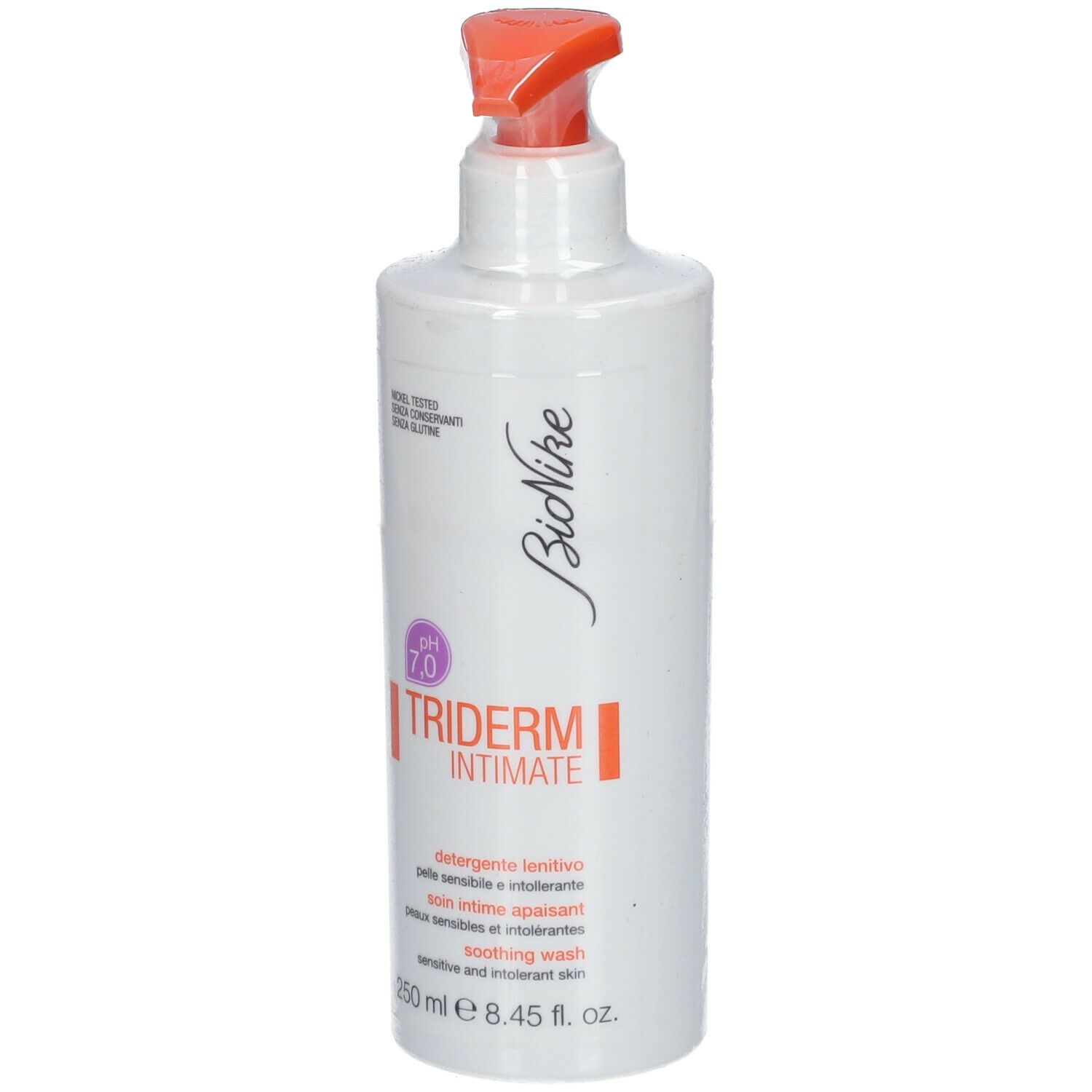 Weiße Flasche mit orangefarbenem Pumpkopf. Aufschrift: TRIDERM INTIMATE pH 7.0, Bionike. Text in Italienisch, Französisch und Englisch.