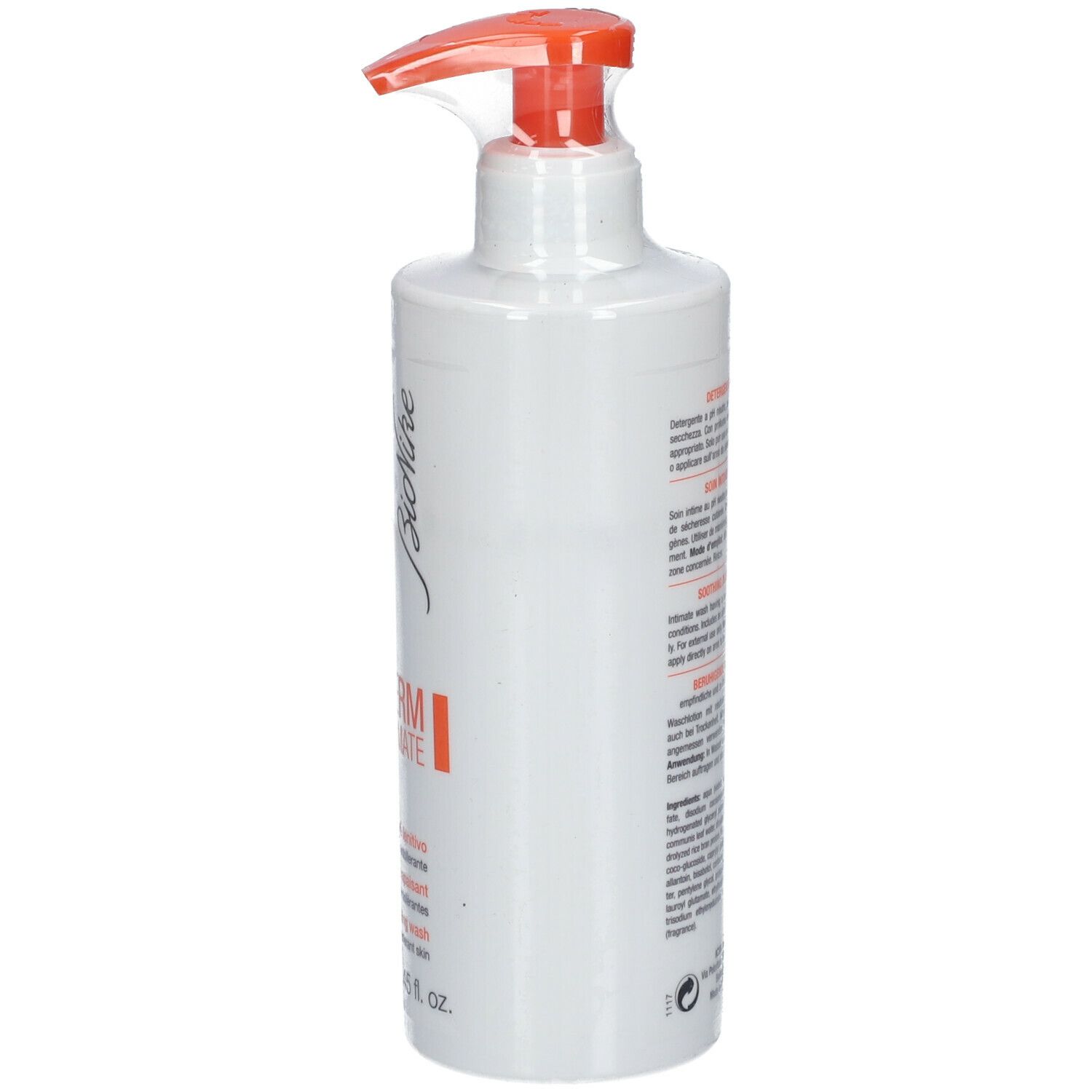 Weiße Flasche mit orangefarbenem Pumpkopf. Aufschrift: TRIDERM INTIMATE pH 7.0, Bionike. Text in Italienisch, Französisch und Englisch.