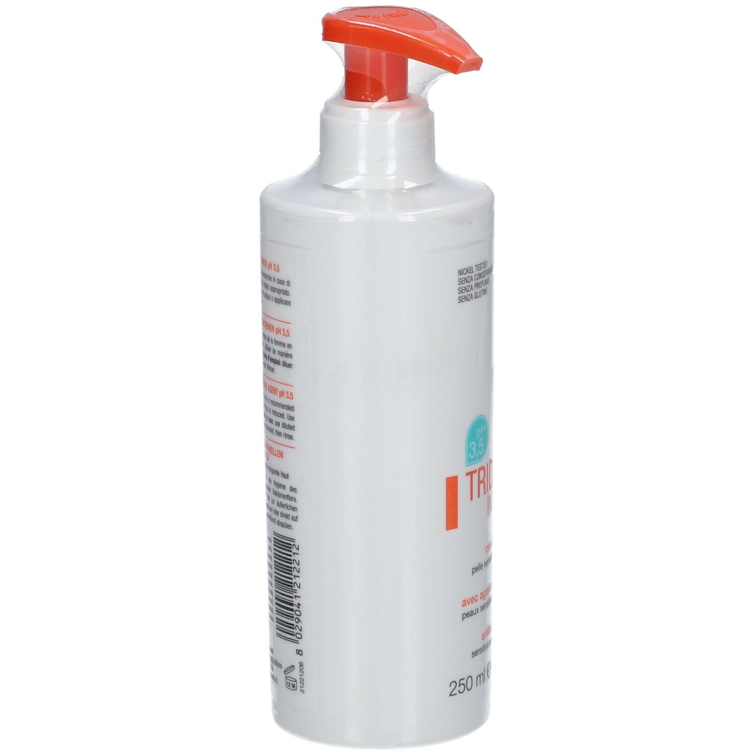 Witte dispenser met rode pomp, zijaanzicht. Opschrift: TRIDERM INTIMATE, pH 3.5, met antibacteriële stof. 250 ml.
