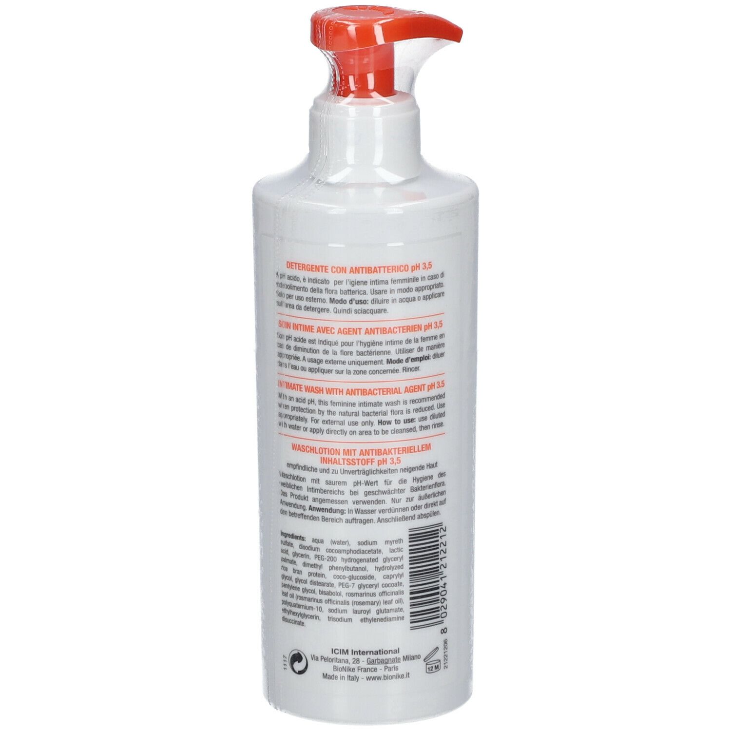 Achterkant van witte dispenser met rode pomp. Meertalige tekst. Opschrift: TRIDERM INTIMATE, pH 3.5, met antibacteriële stof.