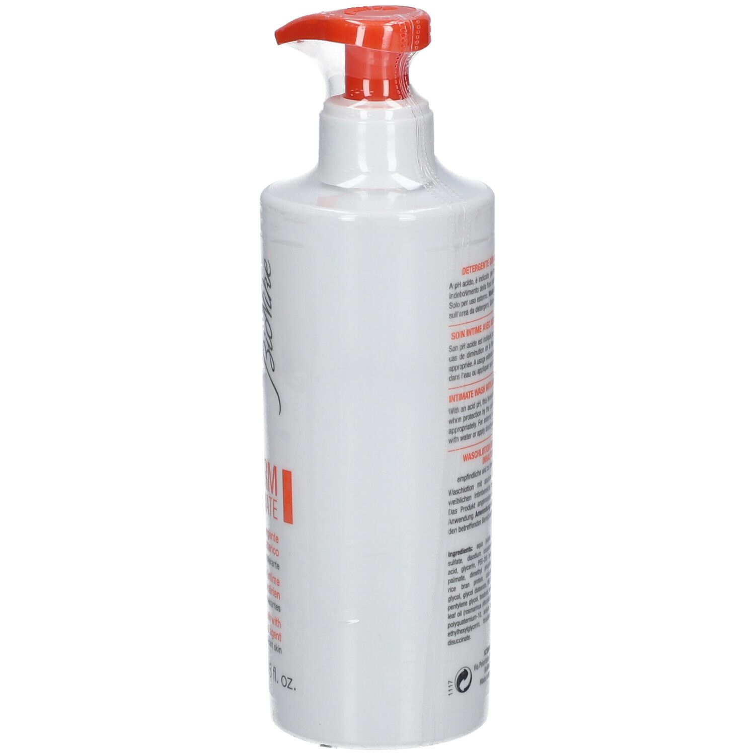 Zijaanzicht van witte dispenser met rode pomp. Meertalige tekst. Opschrift: TRIDERM INTIMATE, pH 3.5, met antibacteriële stof.