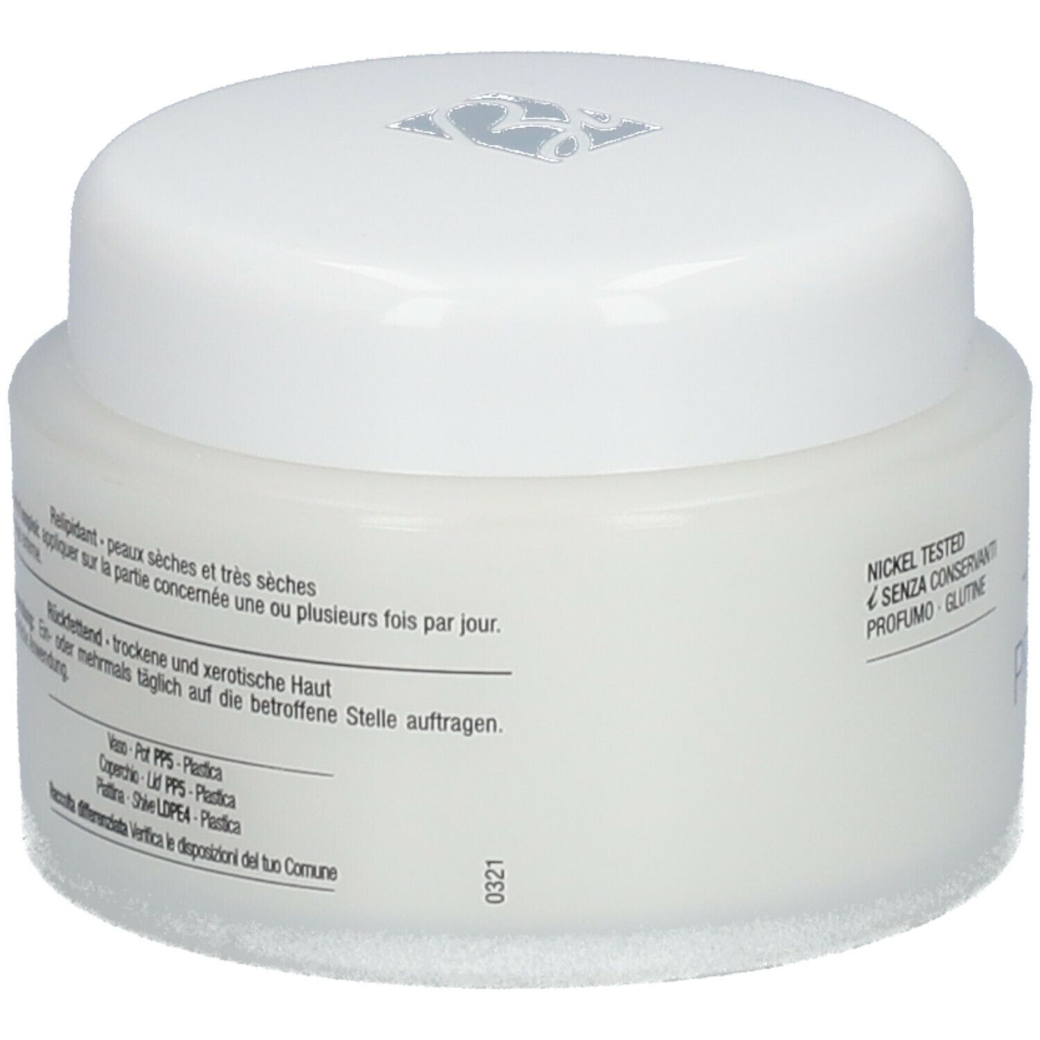 Witte pot met deksel. Opschrift: Tekst in meerdere talen. Tekst: Nickel Tested, senza conservanti, profumo, glutine.