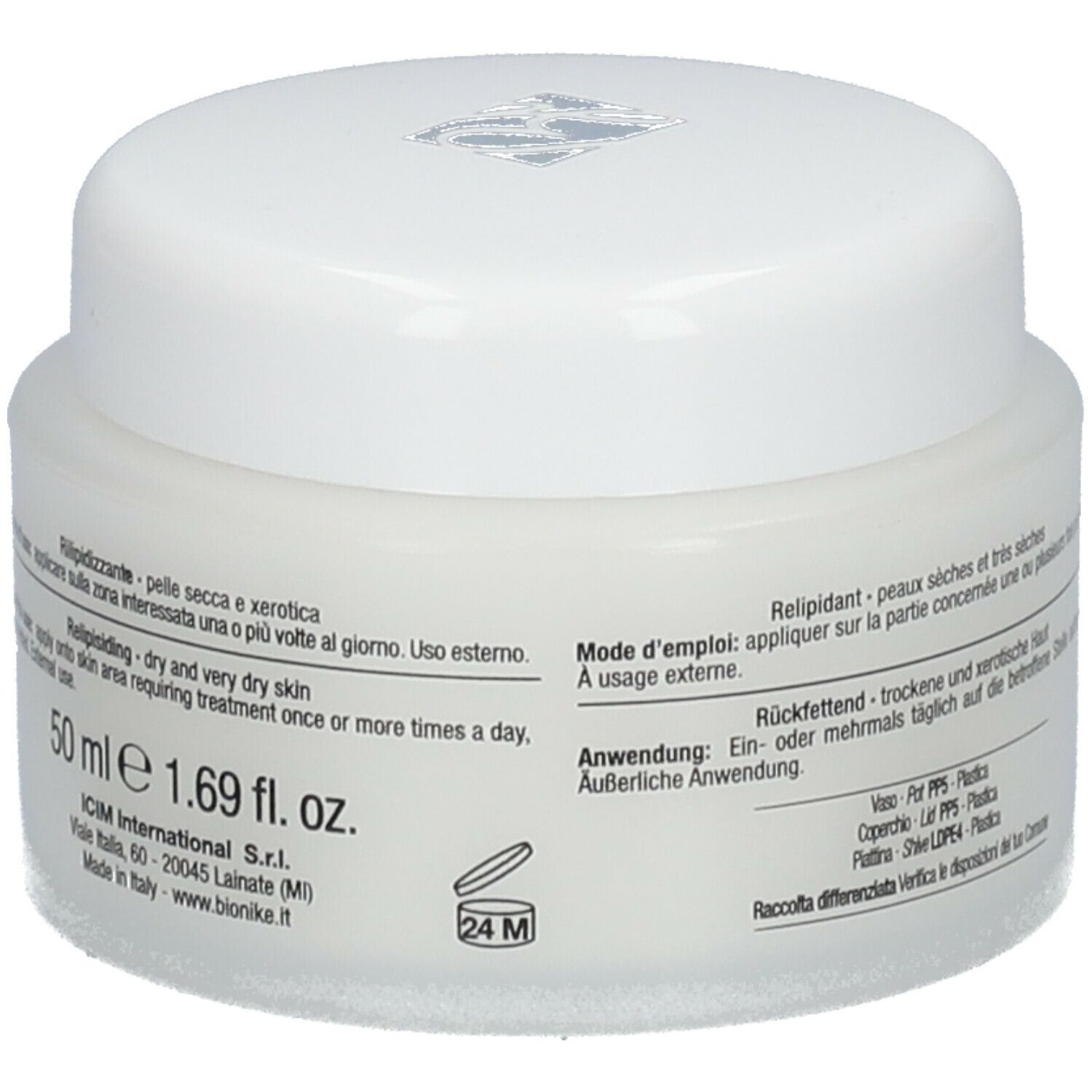 Witte pot met deksel. Opschrift: 50 ml, 1.69 fl. oz. Tekst in meerdere talen. Tekst: dry and very dry skin.