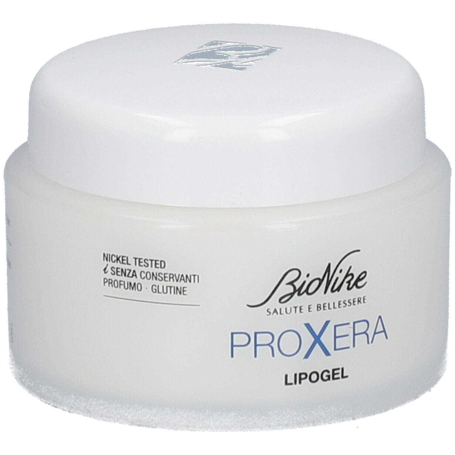 Witte pot met deksel. Opschrift: BioNike, PROXERA, LIPOGEL. Tekst: Nickel Tested, senza conservanti, profumo, glutine.