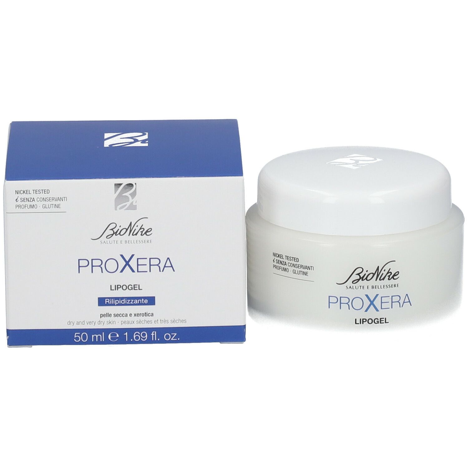 Productverpakking en pot. Opschrift: BioNike, PROXERA, LIPOGEL. Tekst: 50 ml e 1.69 fl. oz. Nickel Tested, senza conservanti, profumo, glutine.