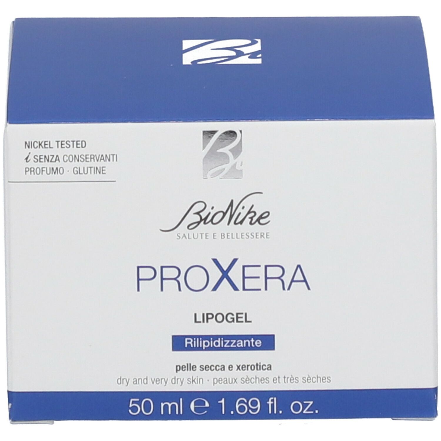 Productverpakking. Opschrift: BioNike, PROXERA, LIPOGEL. Tekst: 50 ml e 1.69 fl. oz. Nickel Tested, senza conservanti, profumo, glutine.