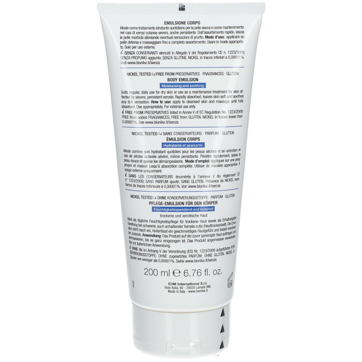 Dos d'un tube blanc. Texte multilingue. Contient des informations sur le produit et les ingrédients.