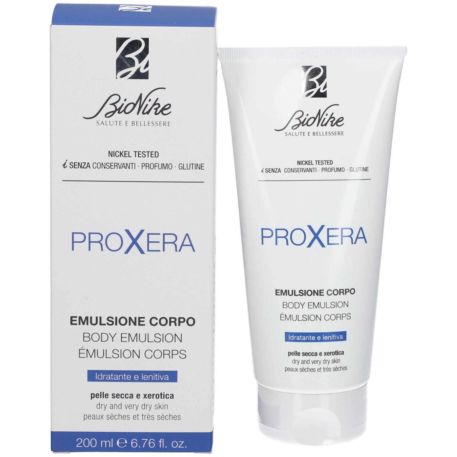 Emballage du produit avec tube et boîte. Tube et boîte ont un design bleu et blanc. Marque BioNike, nom du produit PROXERA.