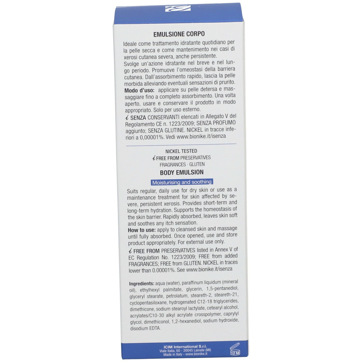 Côté de l'emballage du produit. Texte multilingue. Contient des informations sur le produit et les ingrédients.