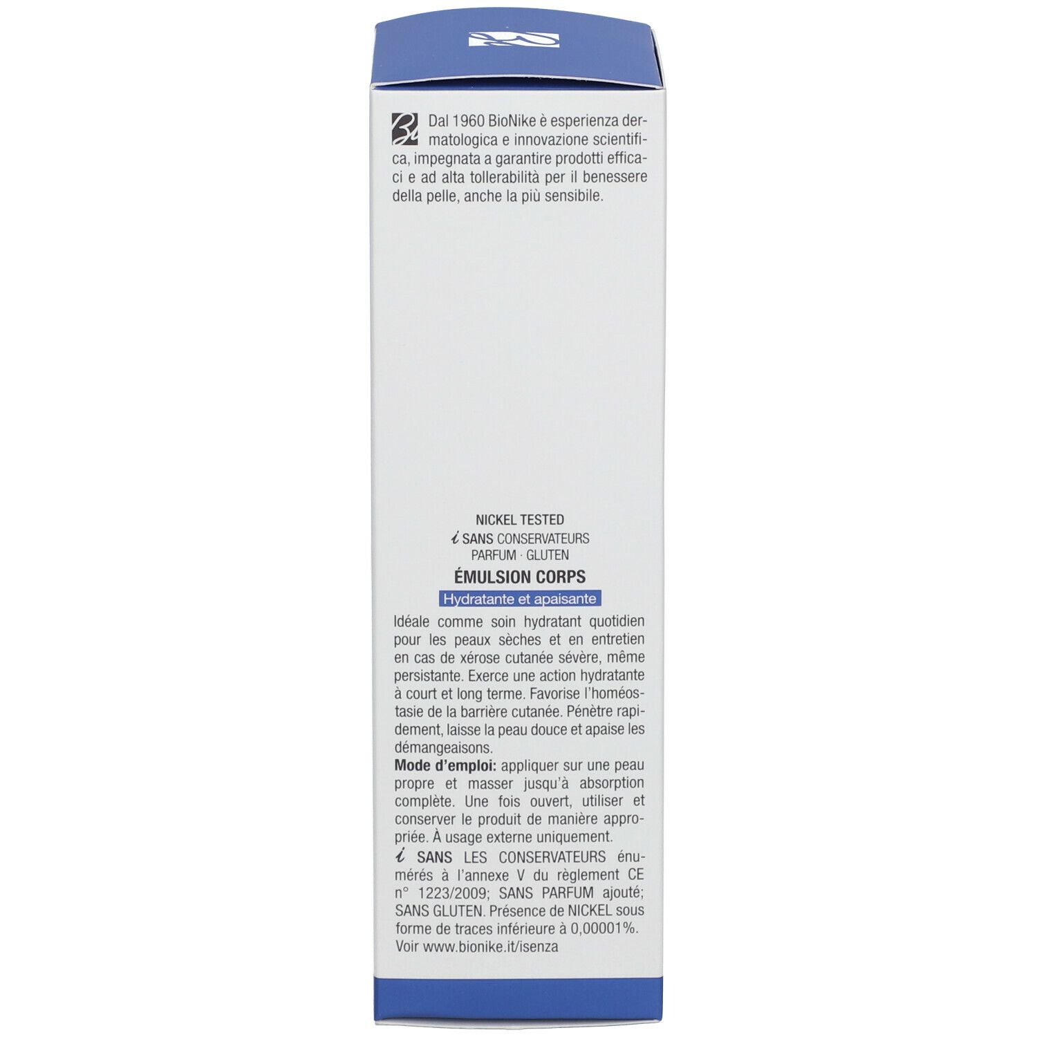 Côté de l'emballage du produit. Texte multilingue. Contient des informations sur le produit et la marque.