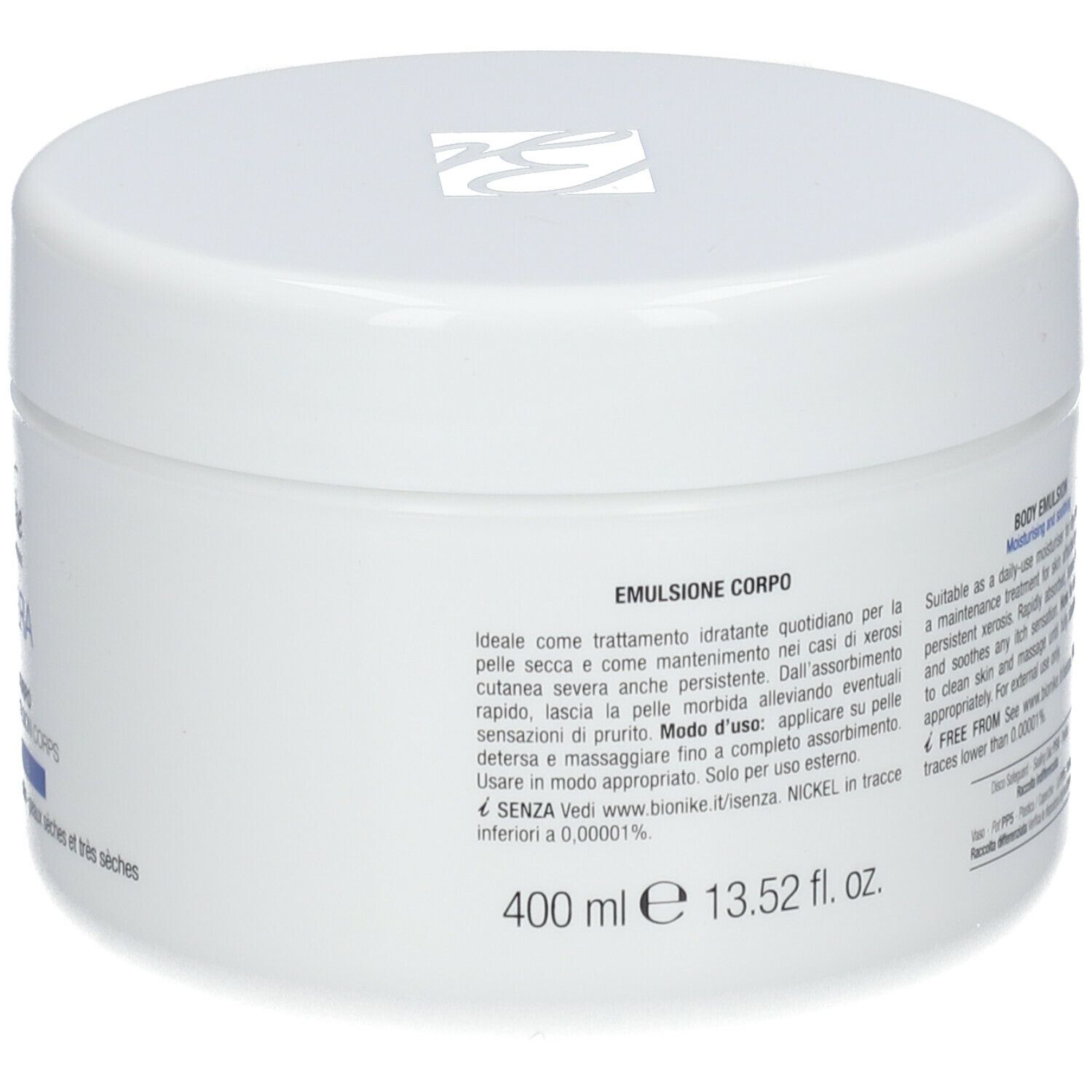 Dos du pot blanc. Texte: Emulsion corporelle. 400 ml. Sans nickel.