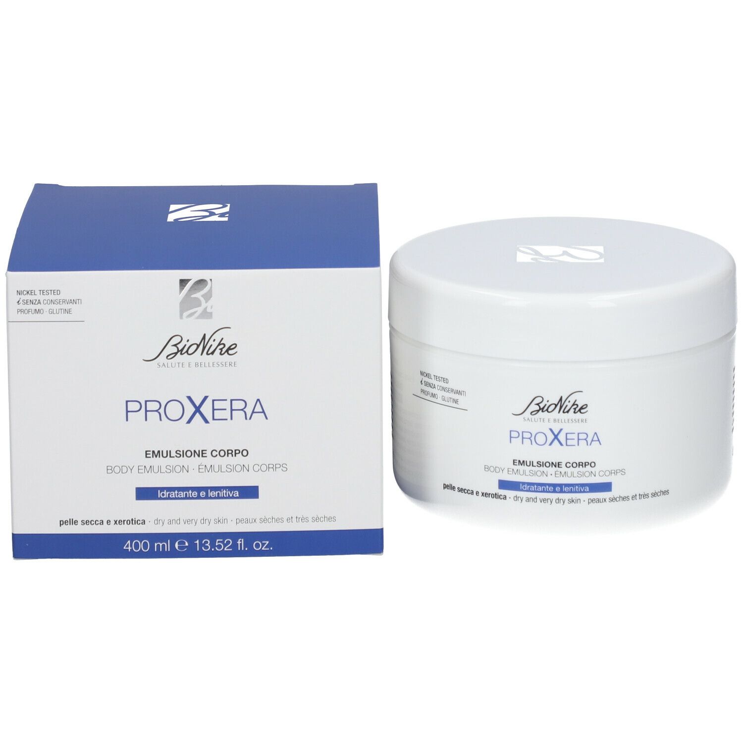 Pot blanc et boîte. Inscription: BioNike PROXERA, Emulsion. Pour peaux sèches. 400 ml.