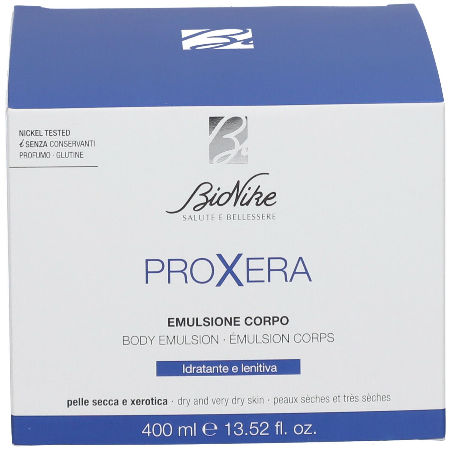 Boîte. Inscription: BioNike PROXERA, Emulsion. Pour peaux sèches. 400 ml. Testé au nickel.