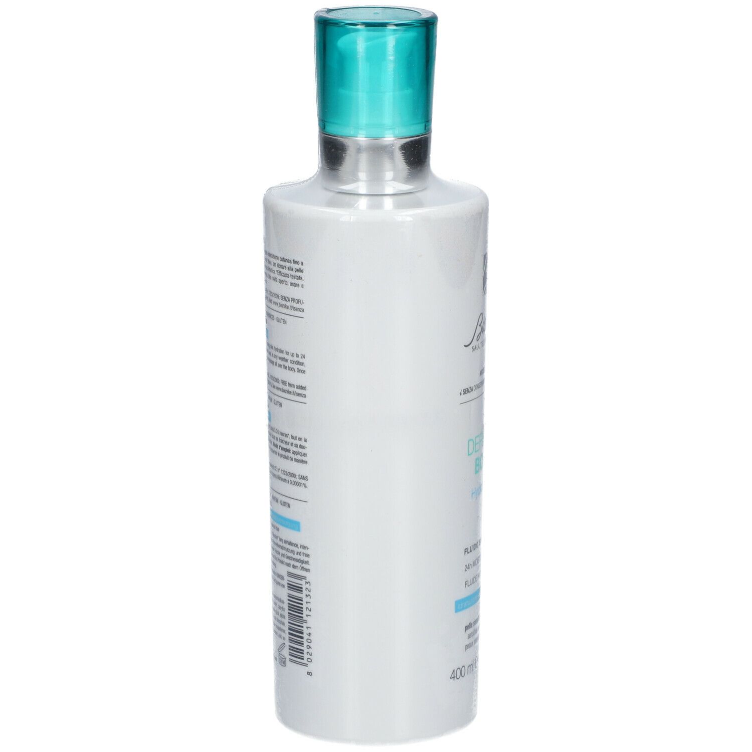 Witte fles met blauwe dop. Tekst op de zijkant. 400 ml.