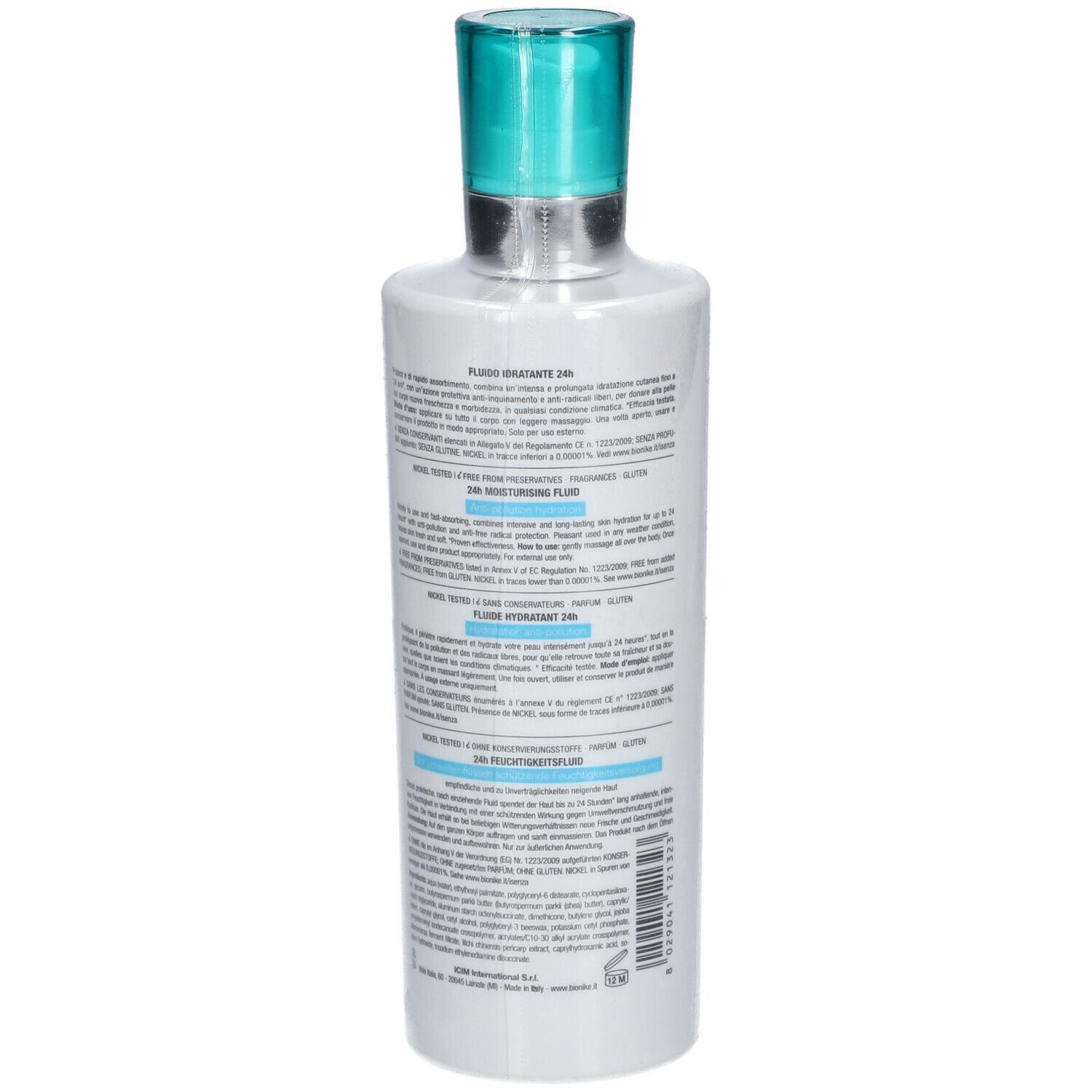 Witte fles met blauwe dop. Tekst op de achterkant. 400 ml.