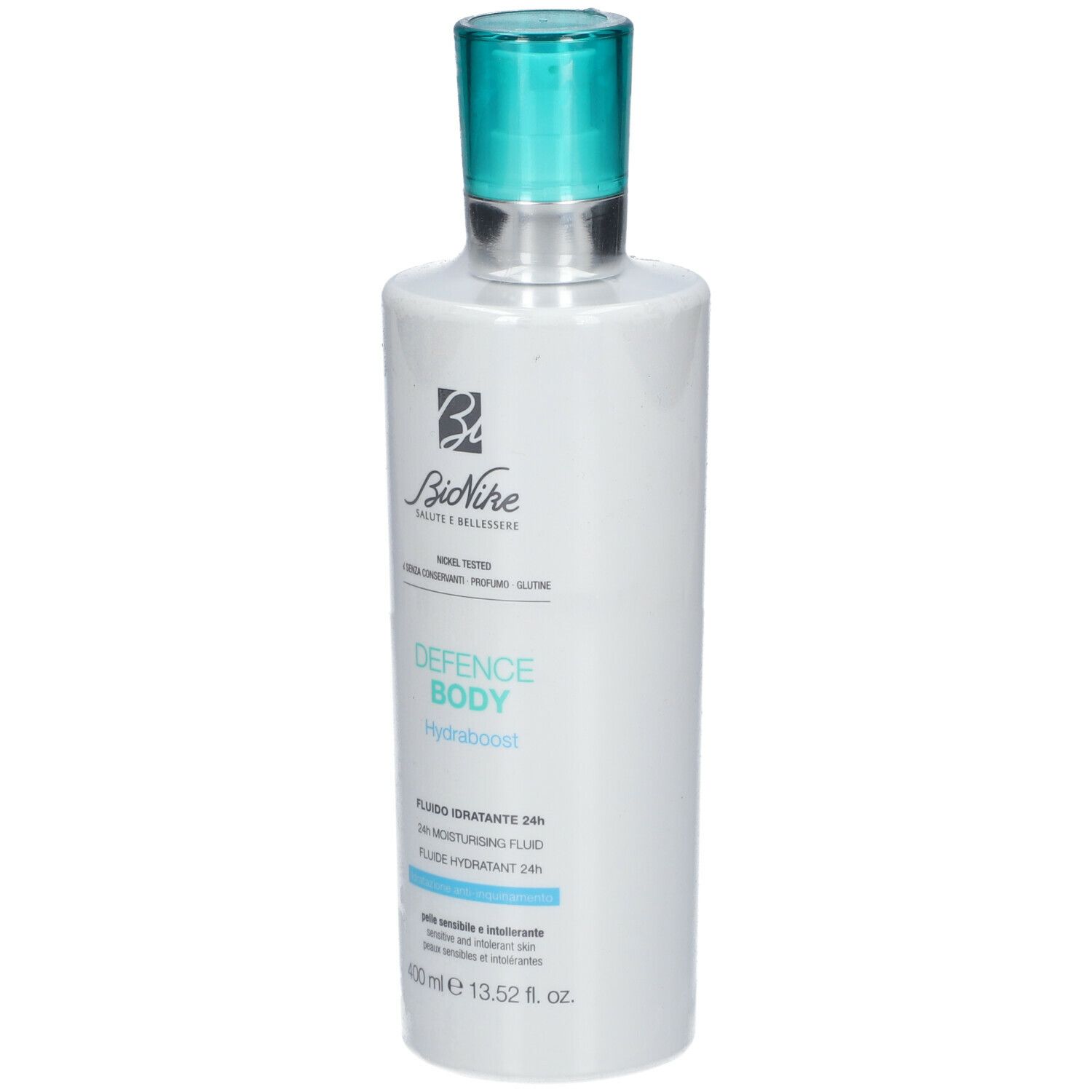 Witte fles met blauwe dop. Opschrift: BioNike, DEFENCE BODY, Fluido Idratante 24H. 400 ml.
