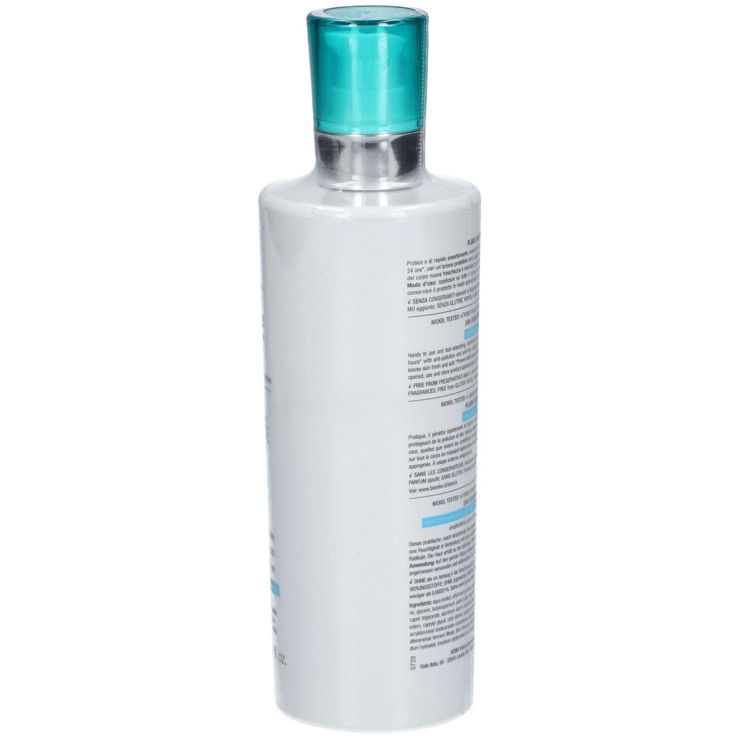 Witte fles met blauwe dop. Tekst op de zijkant. 400 ml.