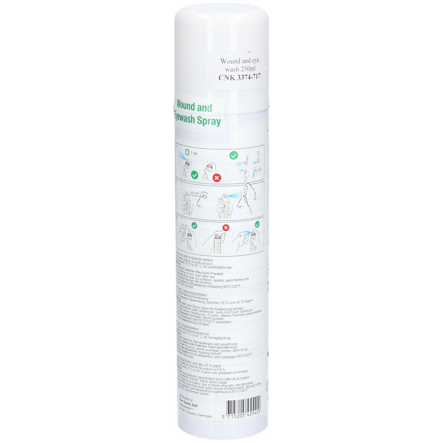 Weiße Sprühflasche. Beschriftung: Wound and Eyewash Spray. Barcode und Gebrauchsanweisung.
