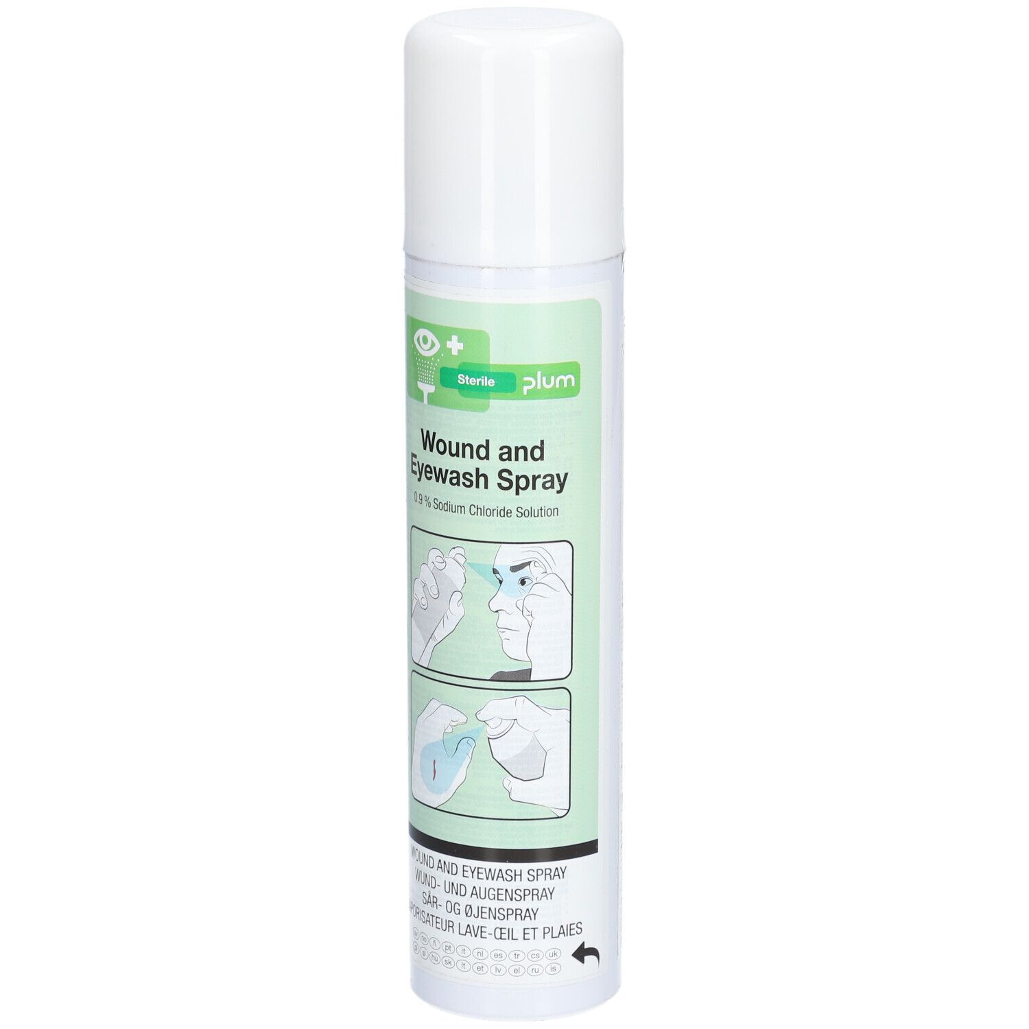 Zylindrische Sprühflasche mit weißem Deckel. Beschriftung: Wound and Eyewash Spray. Illustrationen zur Anwendung.