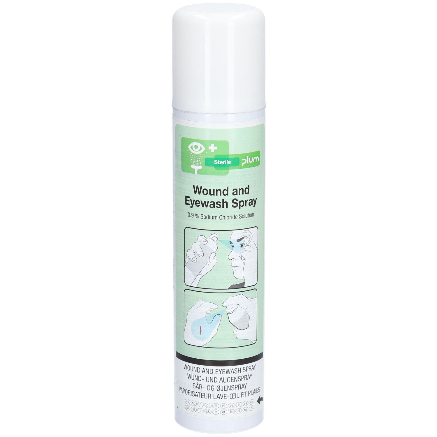 Zylindrische Sprühflasche mit weißem Deckel. Beschriftung: Wound and Eyewash Spray. Illustrationen zur Anwendung.