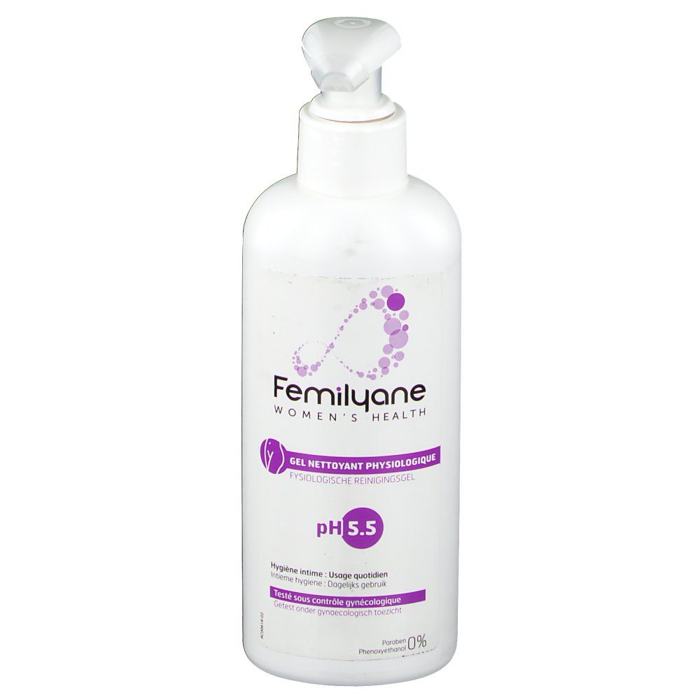 Flacon blanc avec pompe. Inscription: Femilyane, pH 5.5, Gel Nettoyant Physiologique. Accents violets.