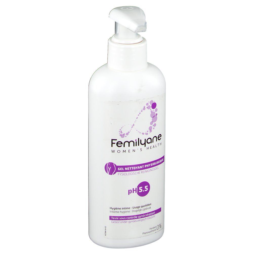 Flacon blanc avec pompe. Inscription: Femilyane, pH 5.5, Gel Nettoyant Physiologique. Accents violets.