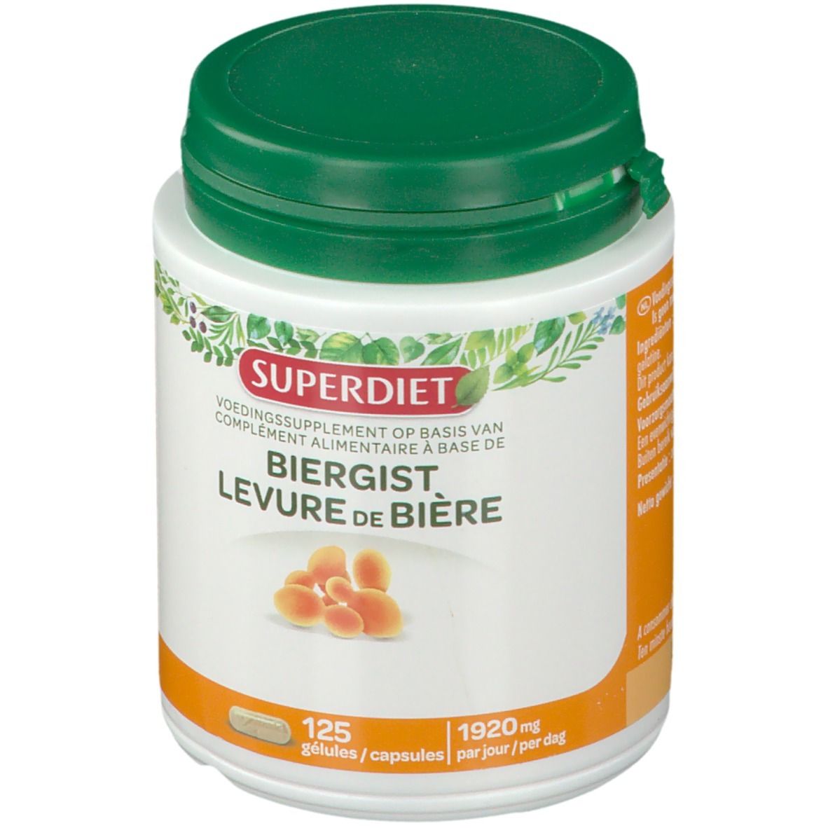Witte pot met groene deksel. Opschrift: SUPERDIET Biergist Levure de Bière. 125 capsules, 1920 mg. Voedingssupplement.