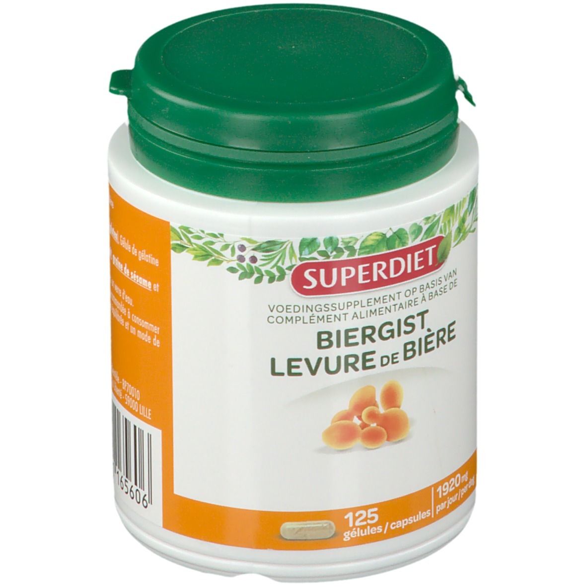 Witte pot met groene deksel. Opschrift: SUPERDIET Biergist Levure de Bière. 125 capsules, 1920 mg. Voedingssupplement.