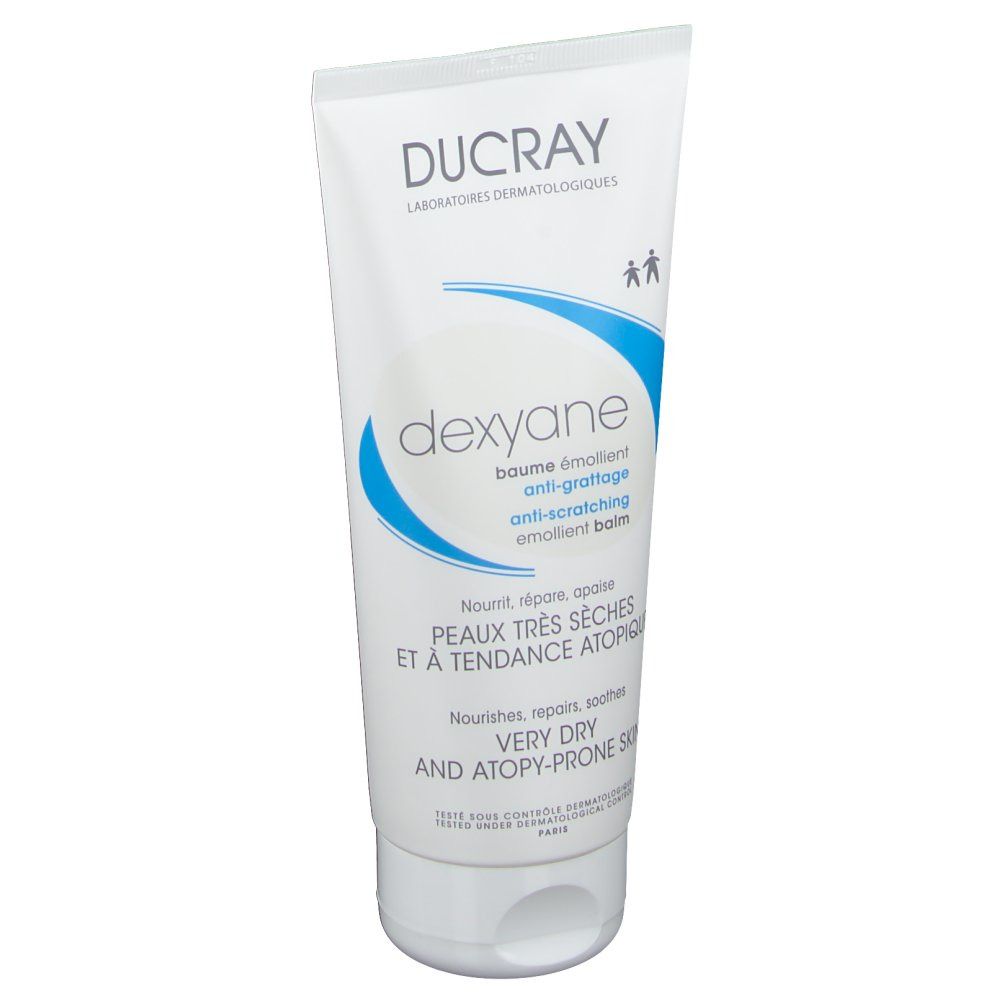 Weiße Tube mit blauer Grafik und Text. "DUCRAY Dexyane" und Produktinformationen. Enthält eine Kappe.