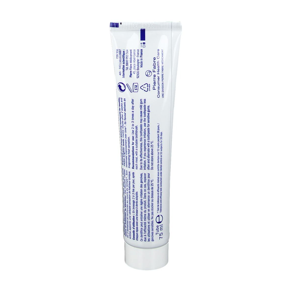 Weiße Tube mit blauer Schrift, 75 ml Inhalt.