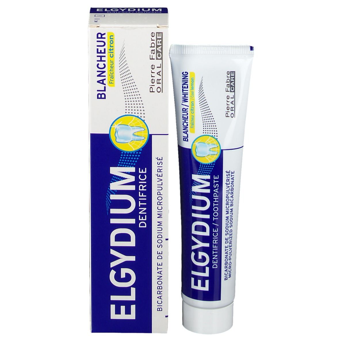 Elgydium Zahnpasta-Tube und Kartonverpackung, weiß mit blauen und gelben Akzenten, für Aufhellung und Mundpflege.
