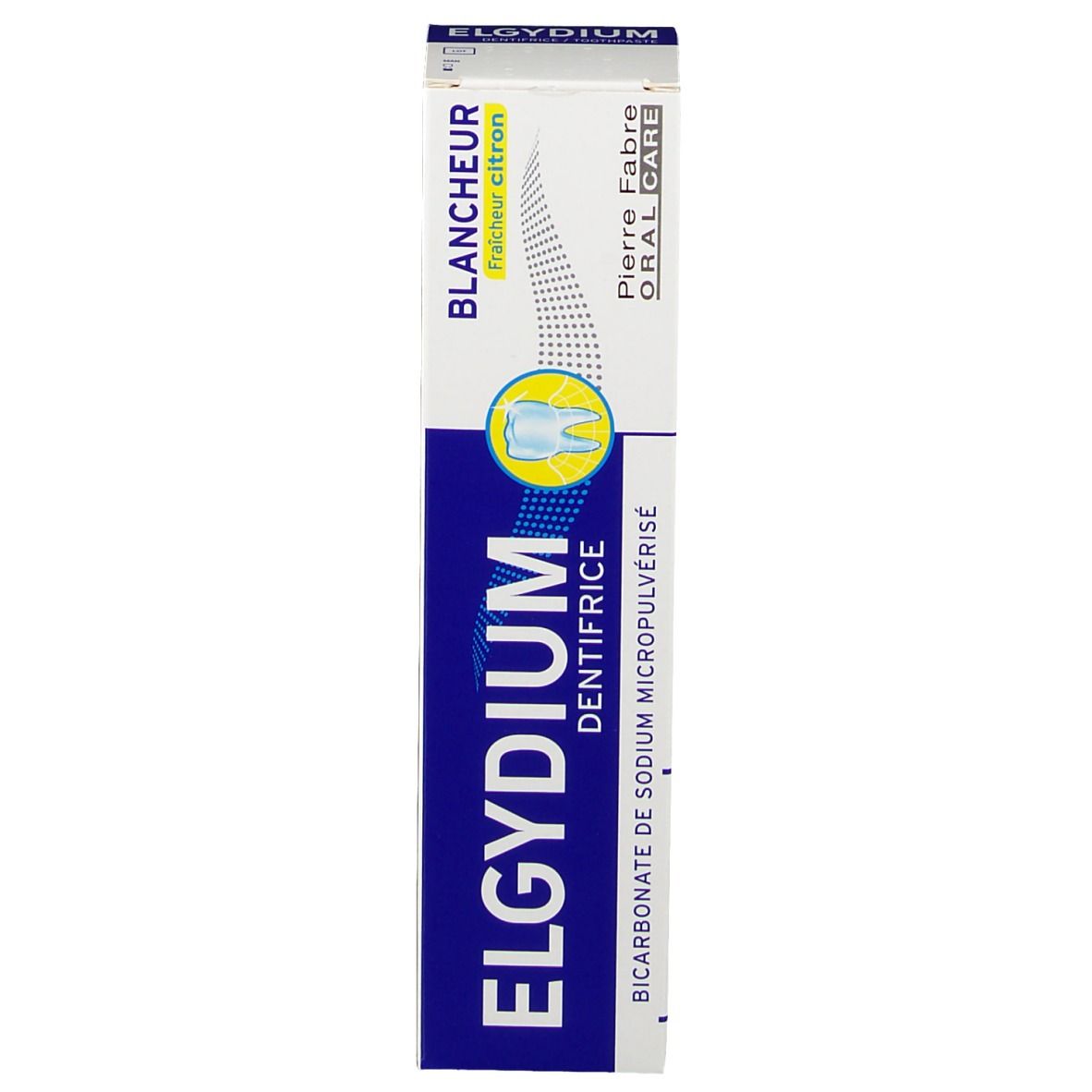 Elgydium Zahnpasta-Verpackung mit Zitronenfrische-Aufschrift und einem Zahn-Symbol.