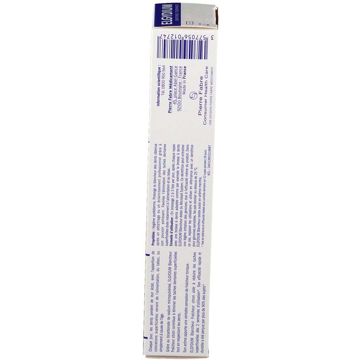 Elgydium Zahnpasta-Verpackung mit Produktinformationen und Barcode.