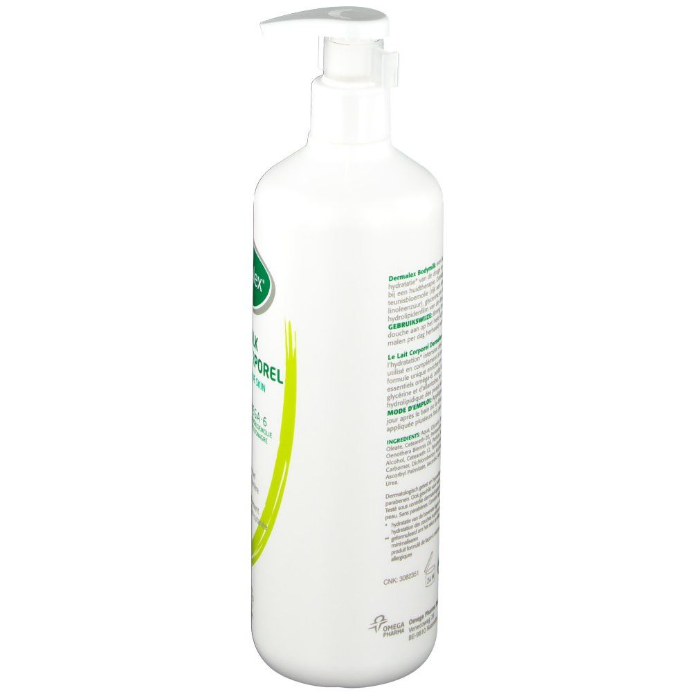 Witte fles met pomp. Tekst en logo's op de zijkant. Dermalex-logo bovenaan. Groene en witte kleuren.
