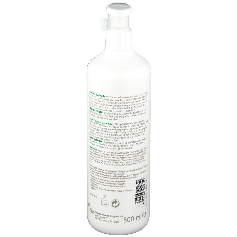 Witte fles met pomp. Achterkant met tekst. Volume: 500 ml. Dermalex-logo. Recycling symbool.