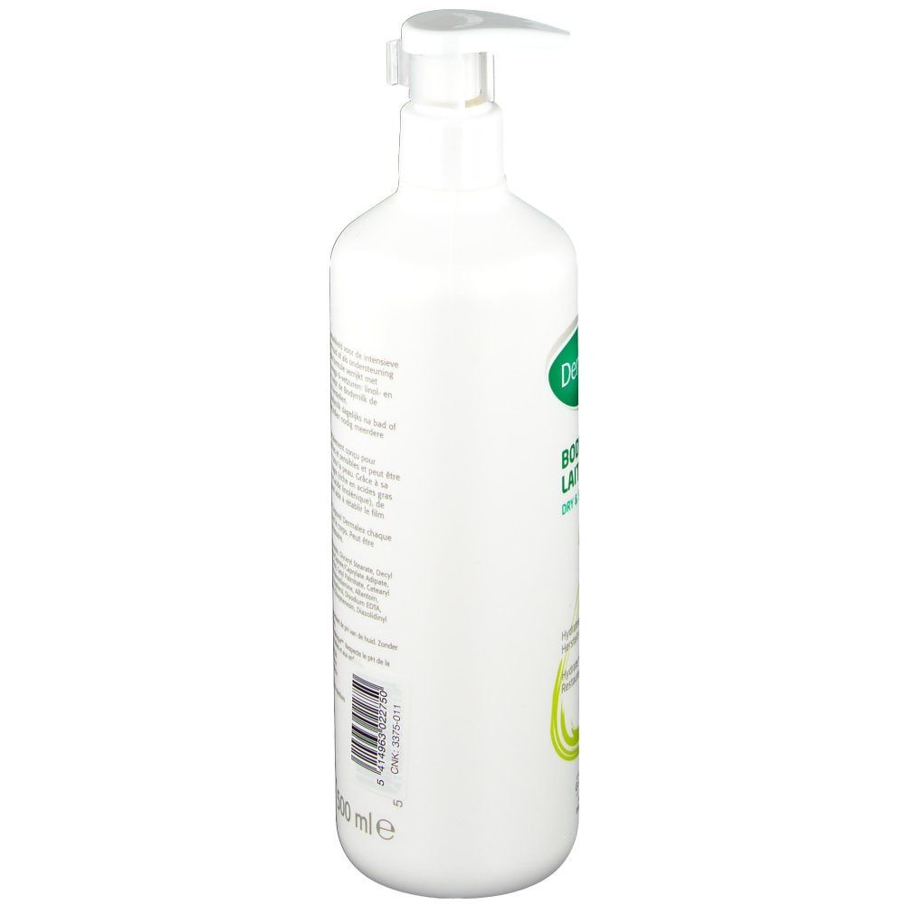 Witte fles met pomp. Tekst en barcode op de zijkant. Dermalex-logo. Volume: 500 ml.