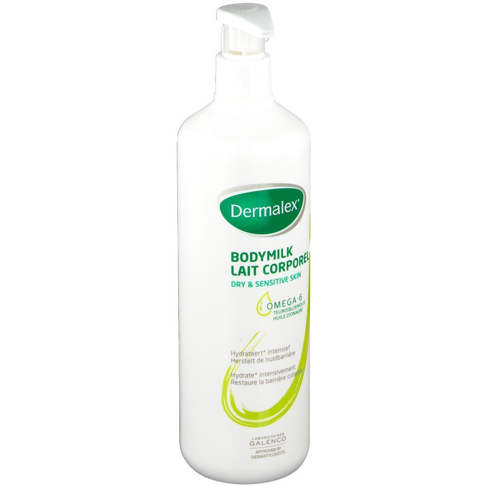 Witte fles met pomp. Opschrift: Dermalex Body Milk Lait Corporel voor droge en gevoelige huid. Omega-6.