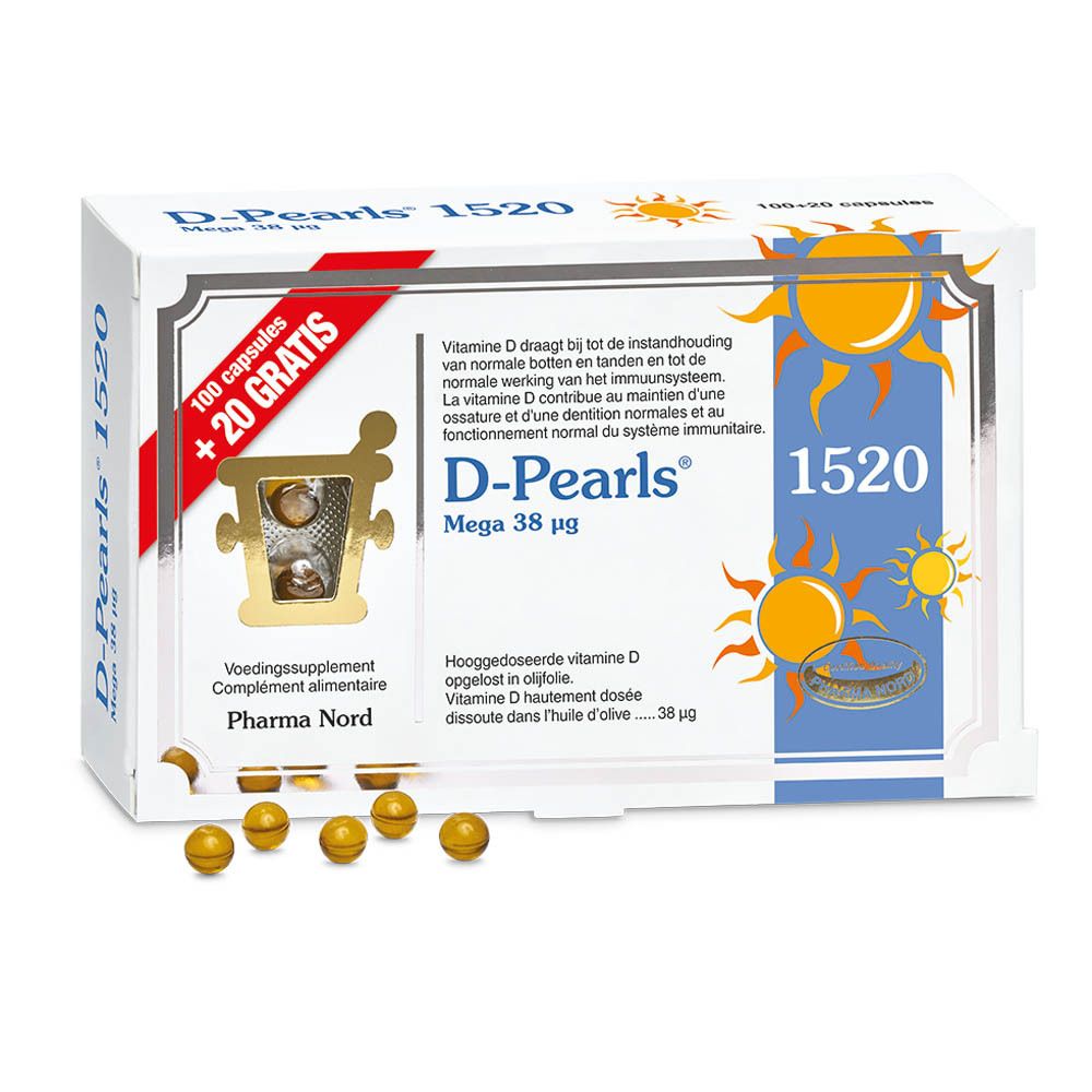 Doos D-Pearls 1520 met capsules. Opschrift: 100 capsules + 20 gratis. Pharma Nord logo. Zon grafiek.
