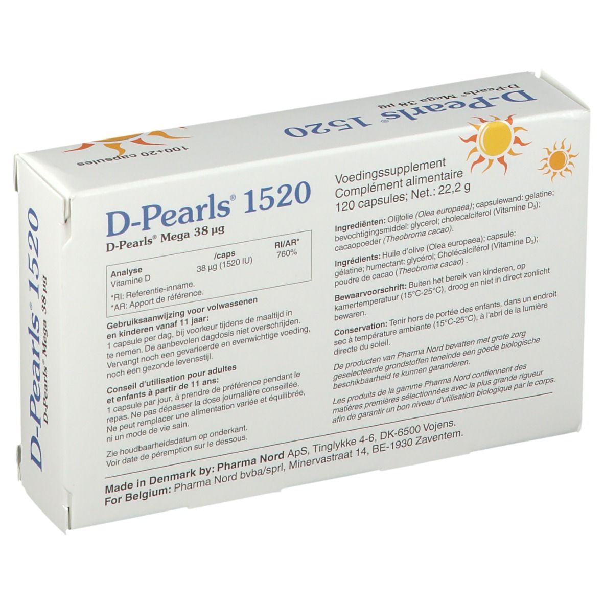 Achterkant van de D-Pearls 1520 doos. Tekst: Voedingssupplement. Ingrediënten. Fabrikant informatie. Zon grafiek.