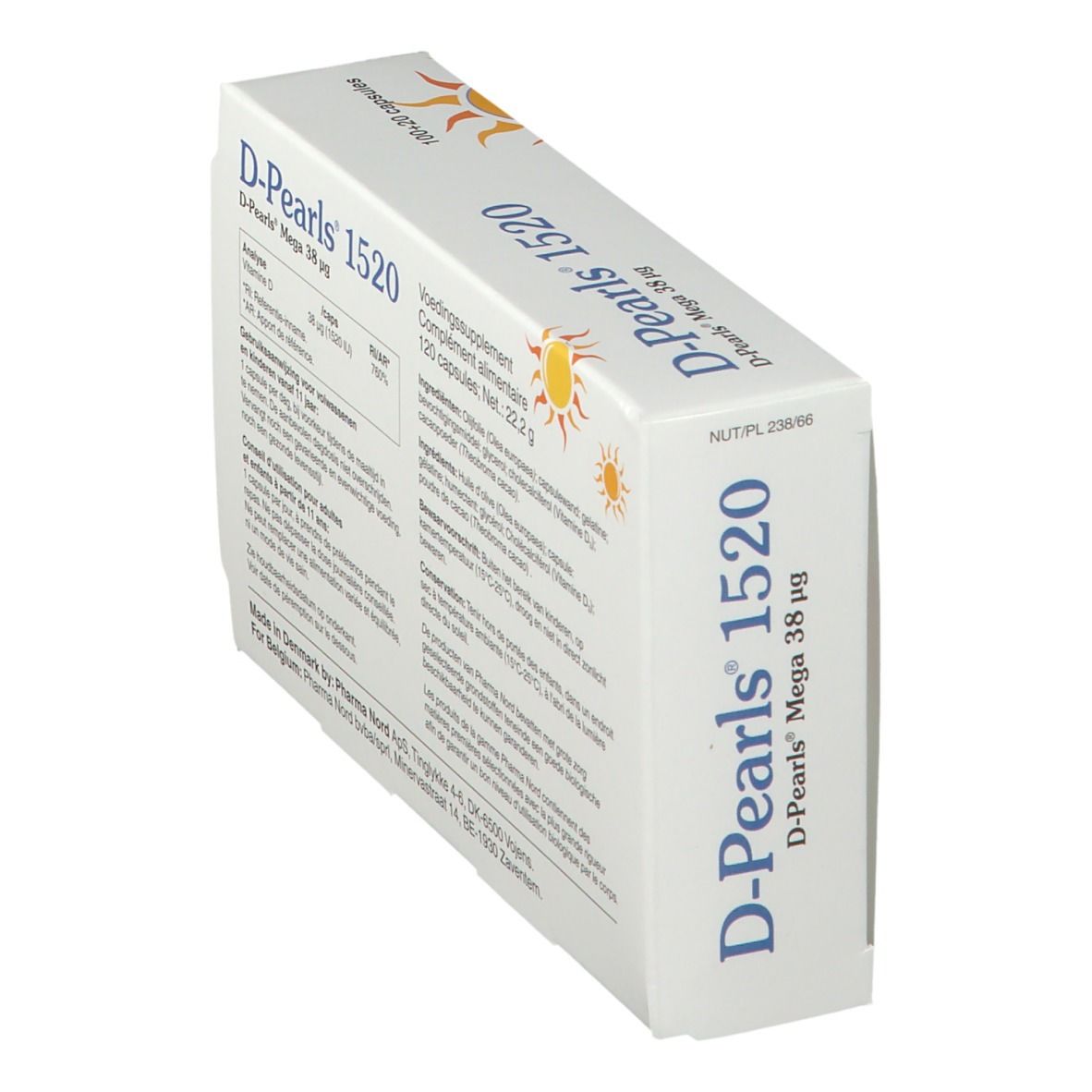 Doos D-Pearls 1520, schuin. Tekst: Voedingssupplement. Fabrikant informatie. Zon grafiek.