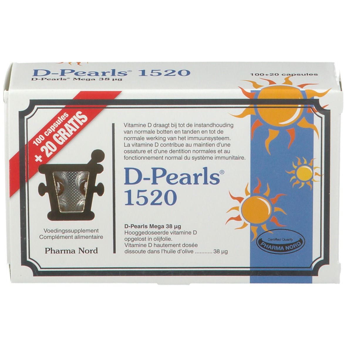 Doos D-Pearls 1520. Opschrift: 100 capsules + 20 gratis. Pharma Nord logo. Blauwe en gele zon grafiek.