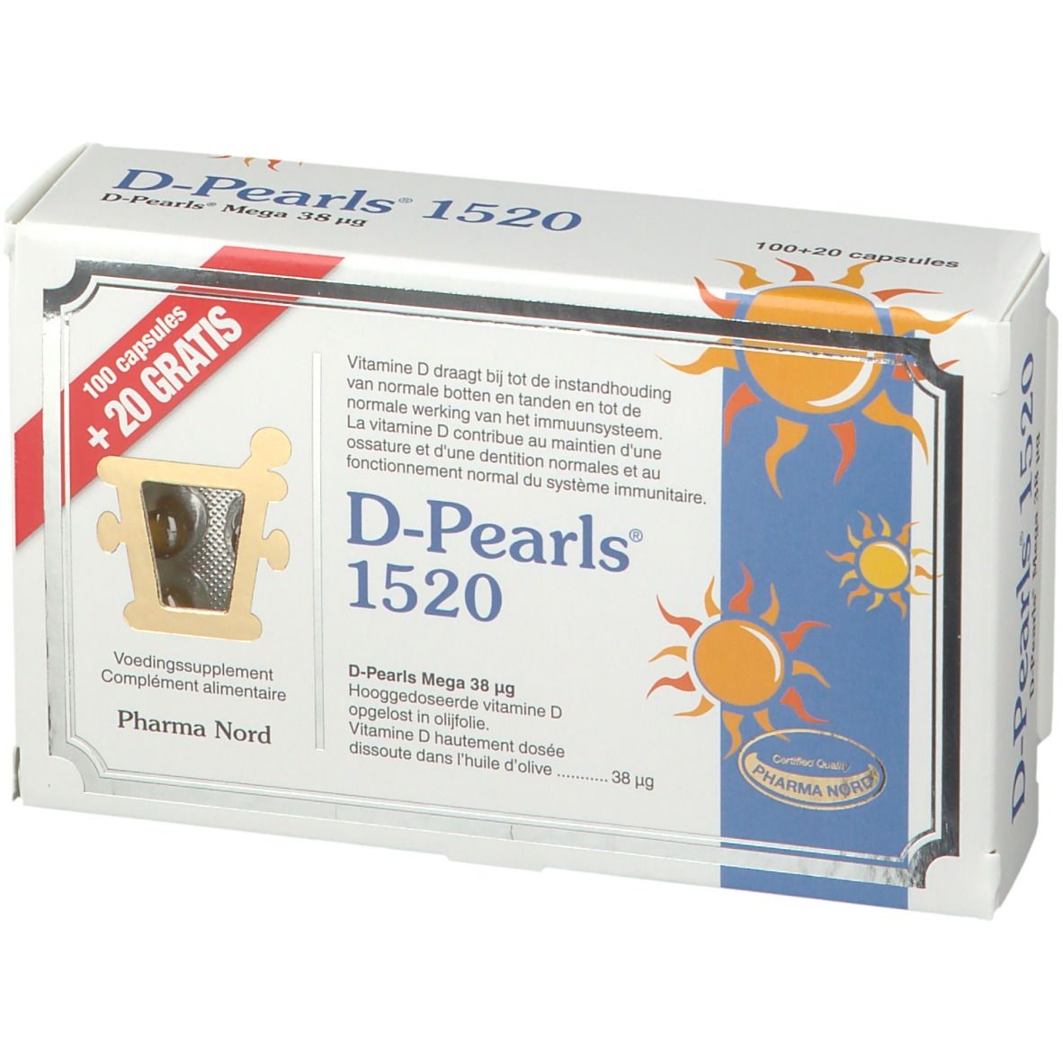 Doos D-Pearls 1520. Opschrift: 100 capsules + 20 gratis. Pharma Nord logo. Blauwe en gele zon grafiek.